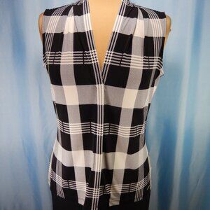 Calvin Klein Black & White Plaid V-Neck Small Sleeveless Career Top EUC
